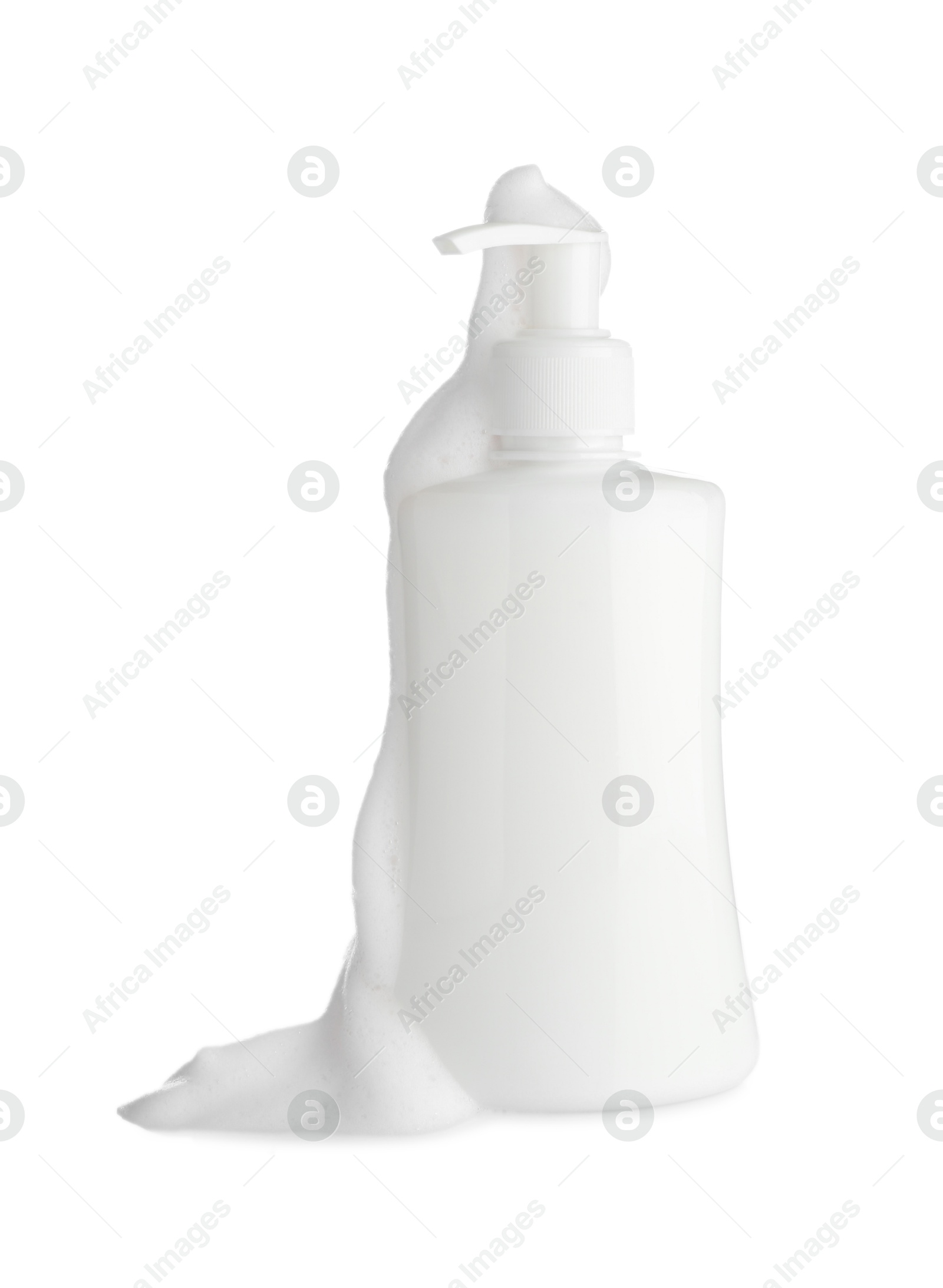 Photo of Bottle of cosmetic product with foam isolated on white