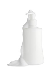 Bottle of cosmetic product with foam isolated on white