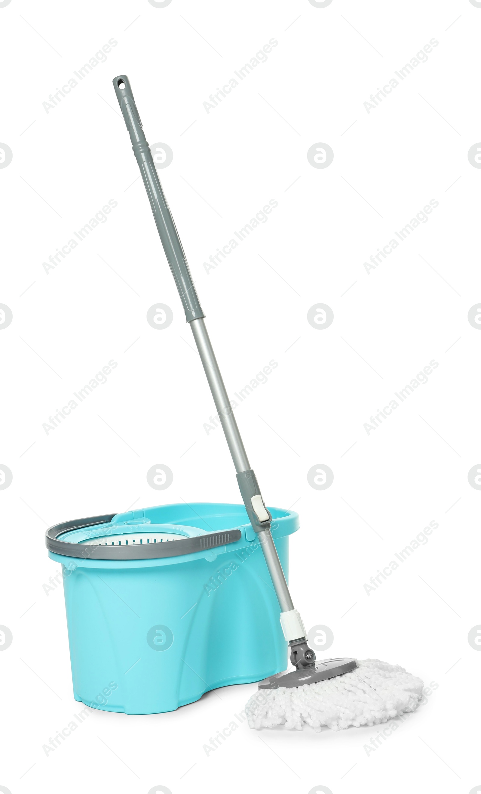 Photo of String mop and bucket isolated on white. Cleaning equipment