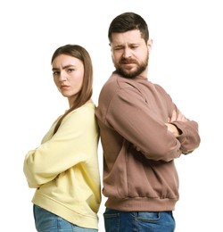 Photo of Resentful couple with crossed arms on white background