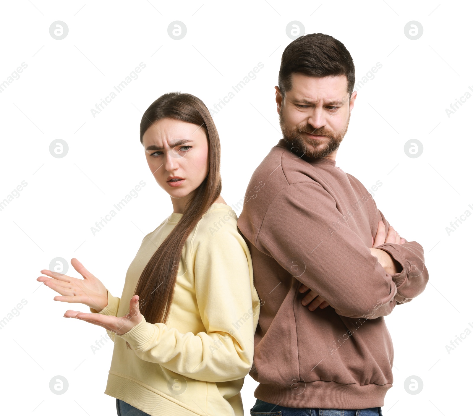 Photo of Resentful couple on white background. Relationship problem