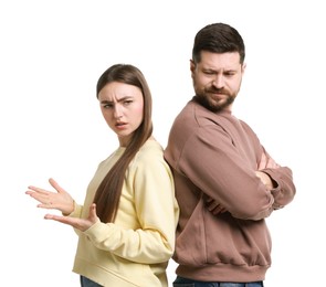 Photo of Resentful couple on white background. Relationship problem