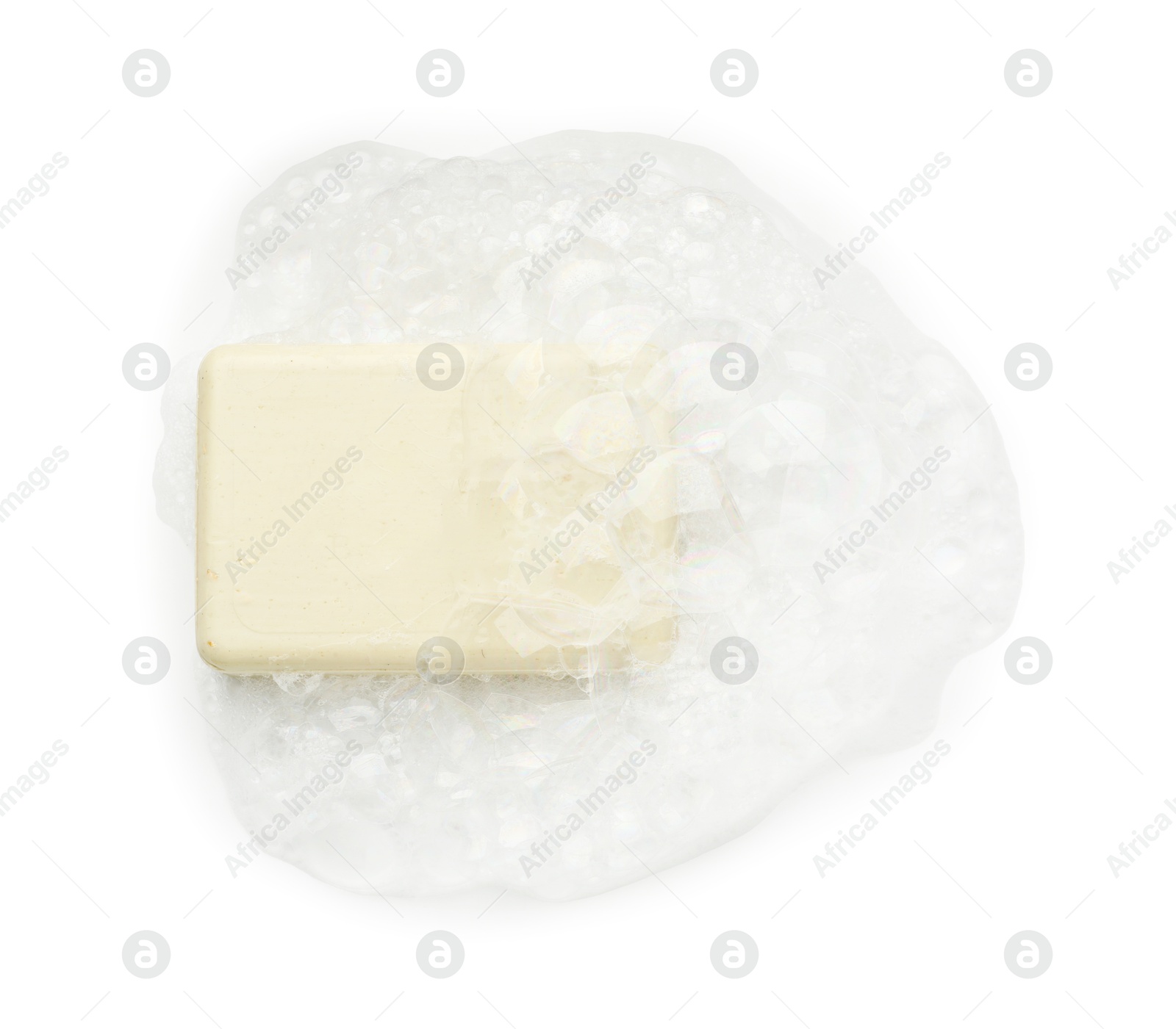 Photo of Soap with foam on white background, top view