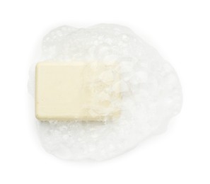 Photo of Soap with foam on white background, top view