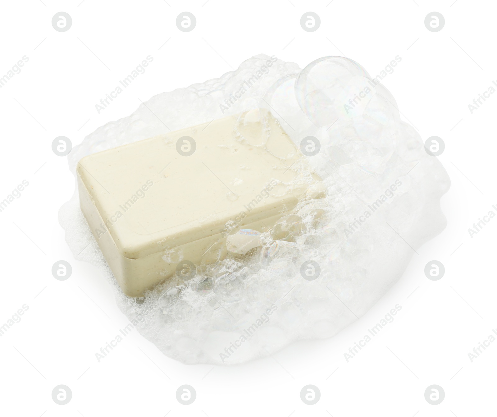 Photo of Bar soap with foam on white background