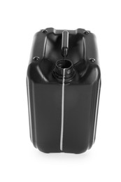 Photo of One black plastic canister in air on white background