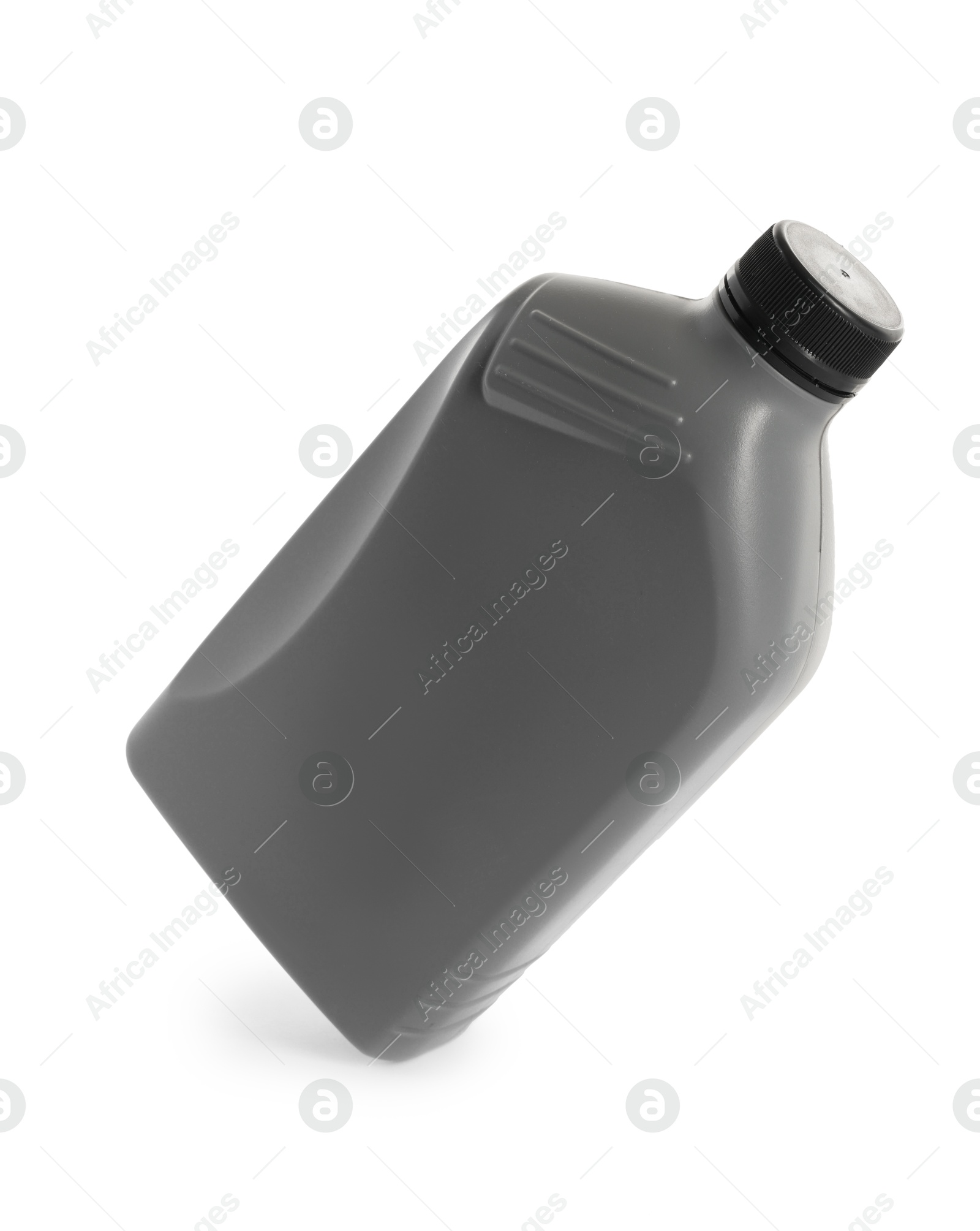 Photo of One grey plastic canister in air on white background