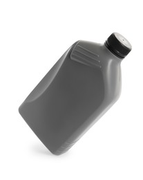 Photo of One grey plastic canister in air on white background