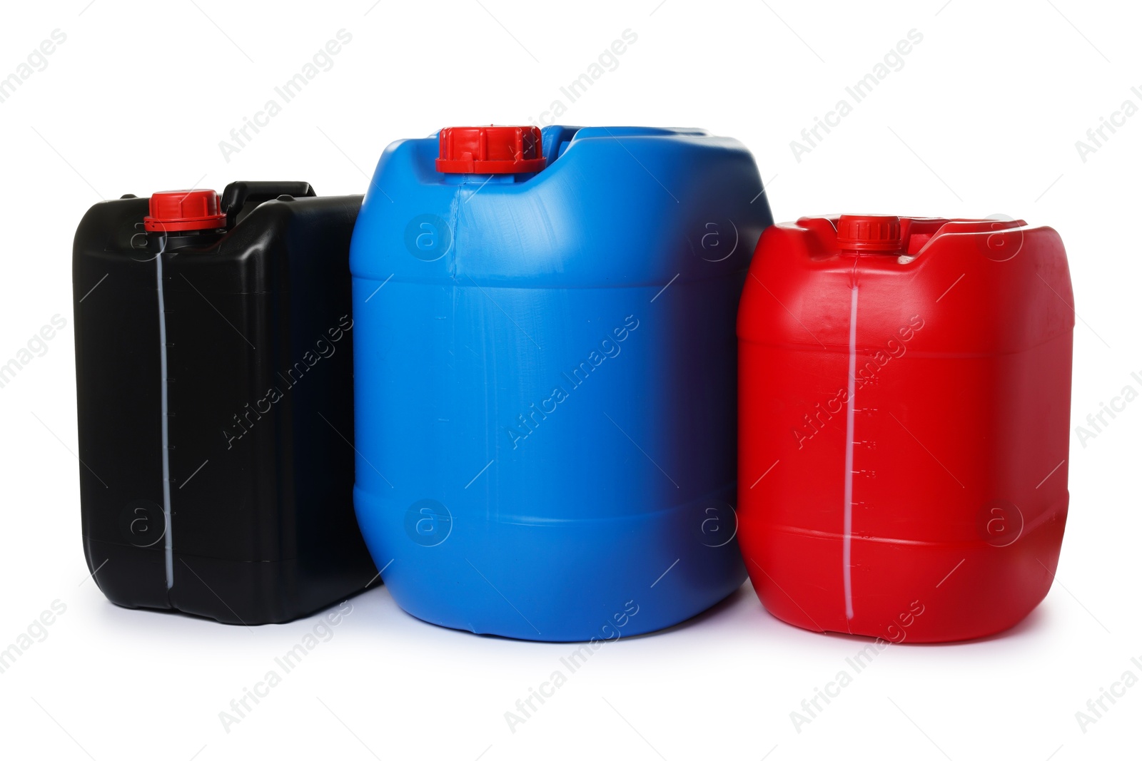 Photo of Three colorful plastic canisters isolated on white