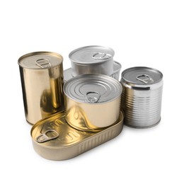 Photo of Many closed tin cans isolated on white