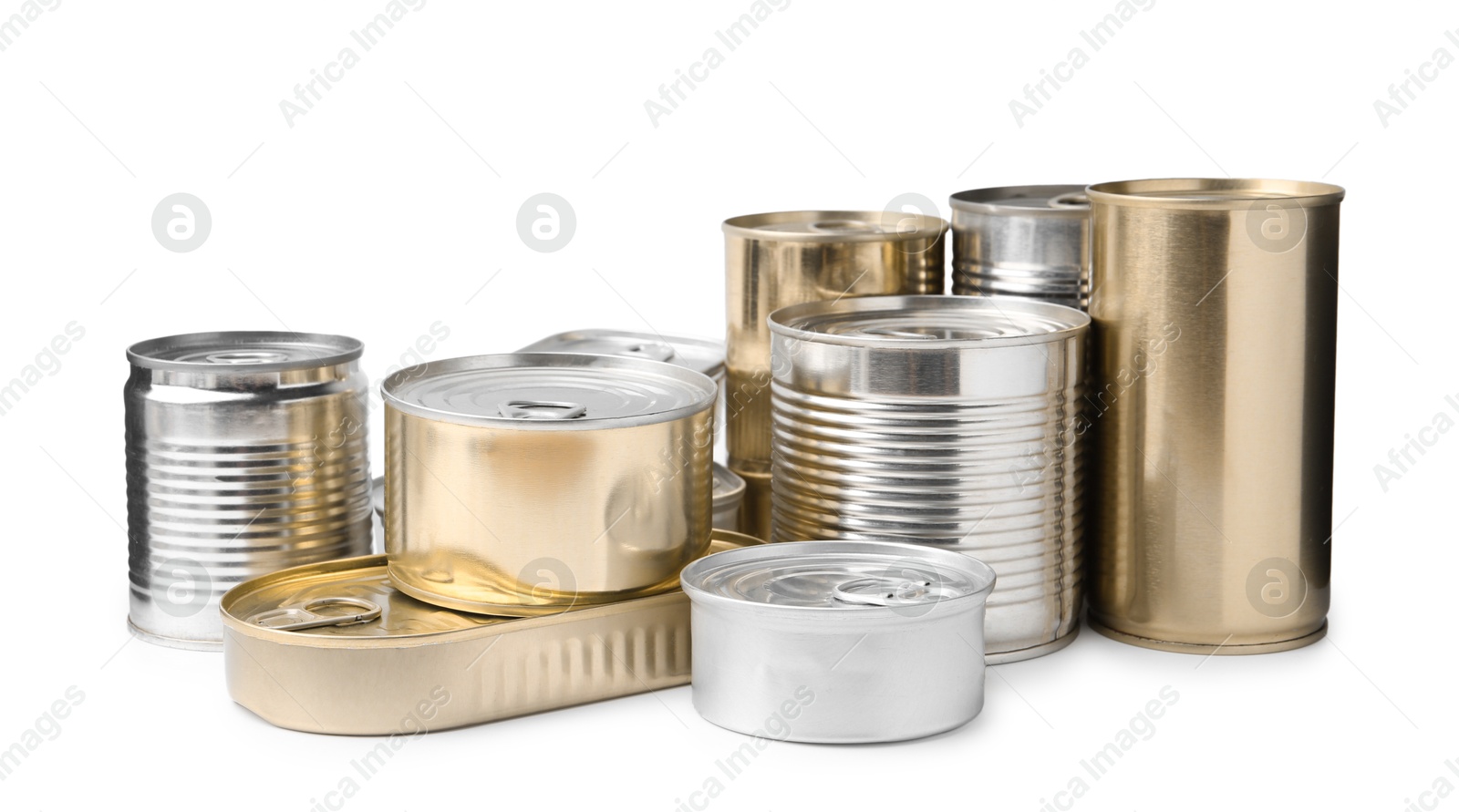 Photo of Many closed tin cans isolated on white