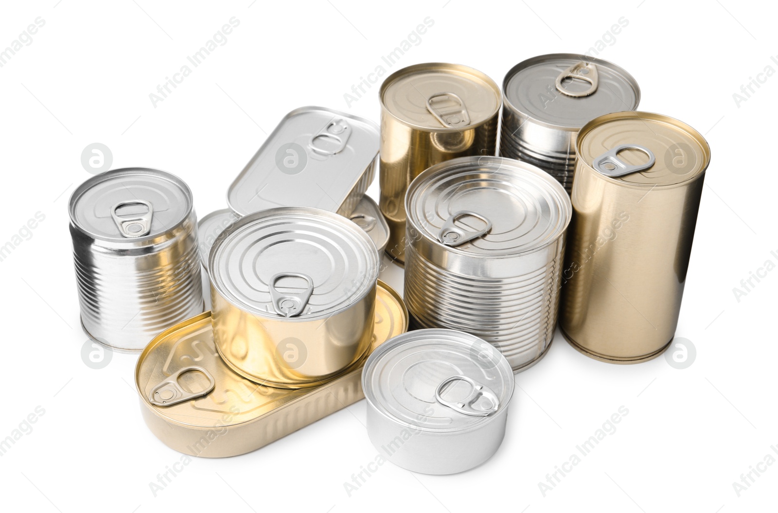 Photo of Many closed tin cans isolated on white