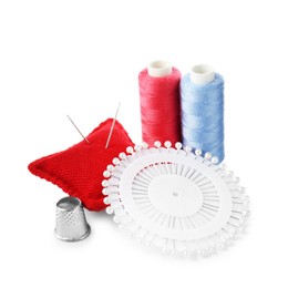 Photo of Threads and other sewing supplies isolated on white