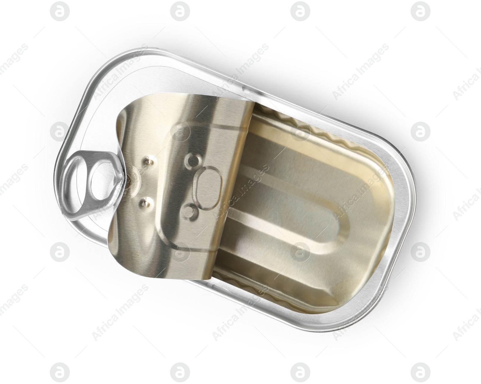 Photo of One open tin can isolated on white, top view