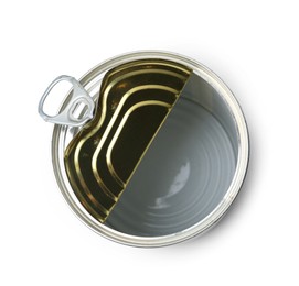 Photo of One open tin can isolated on white, top view