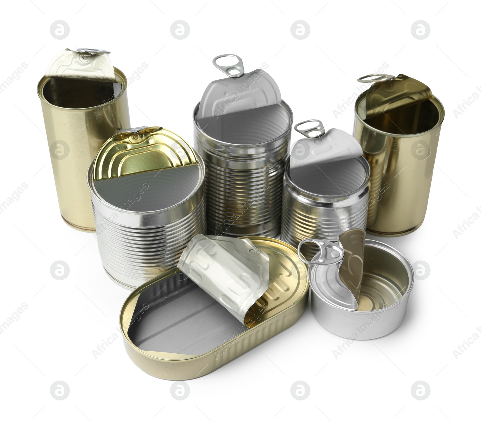 Photo of Many open tin cans isolated on white