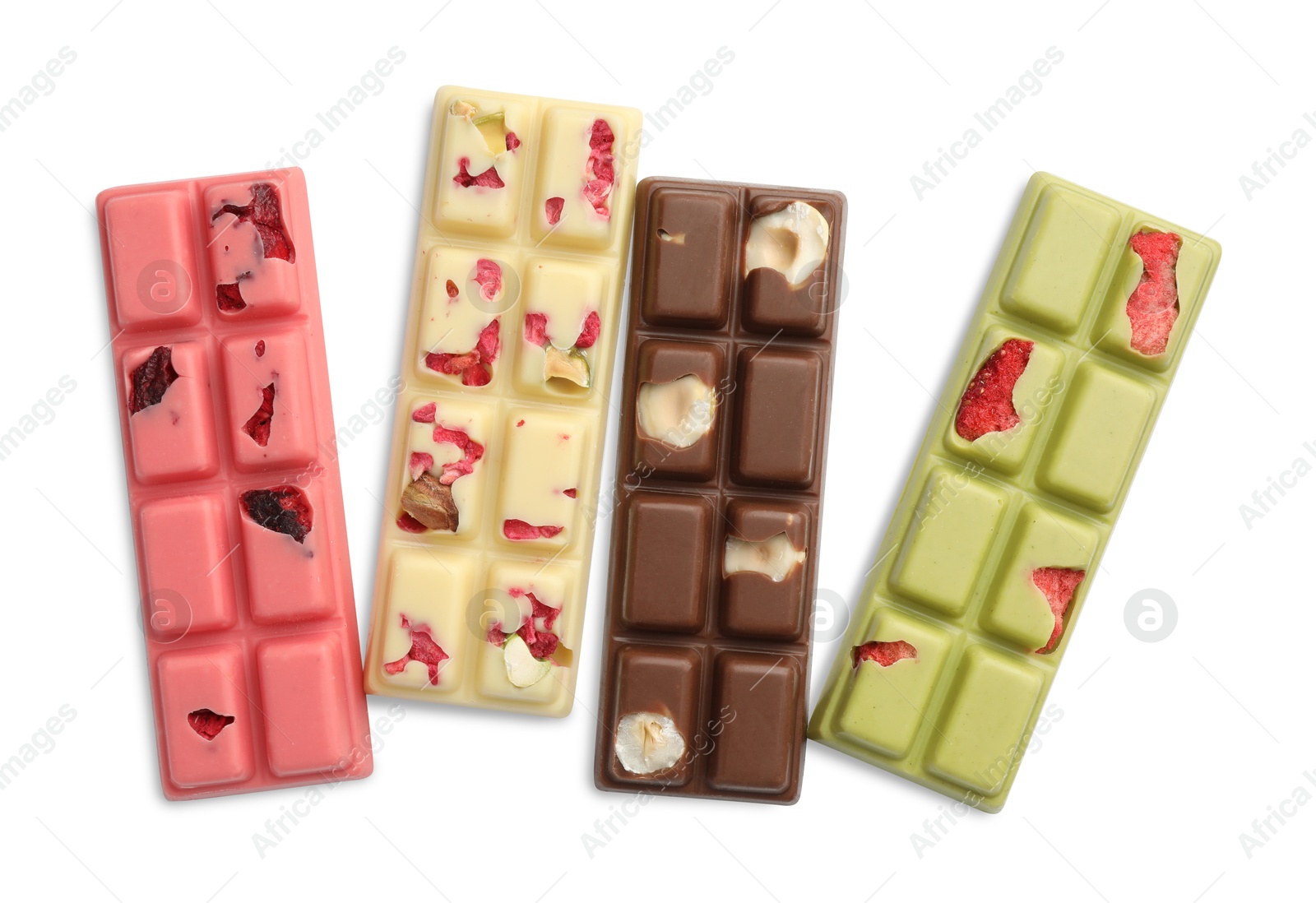 Photo of Different tasty chocolate bars isolated on white, top view