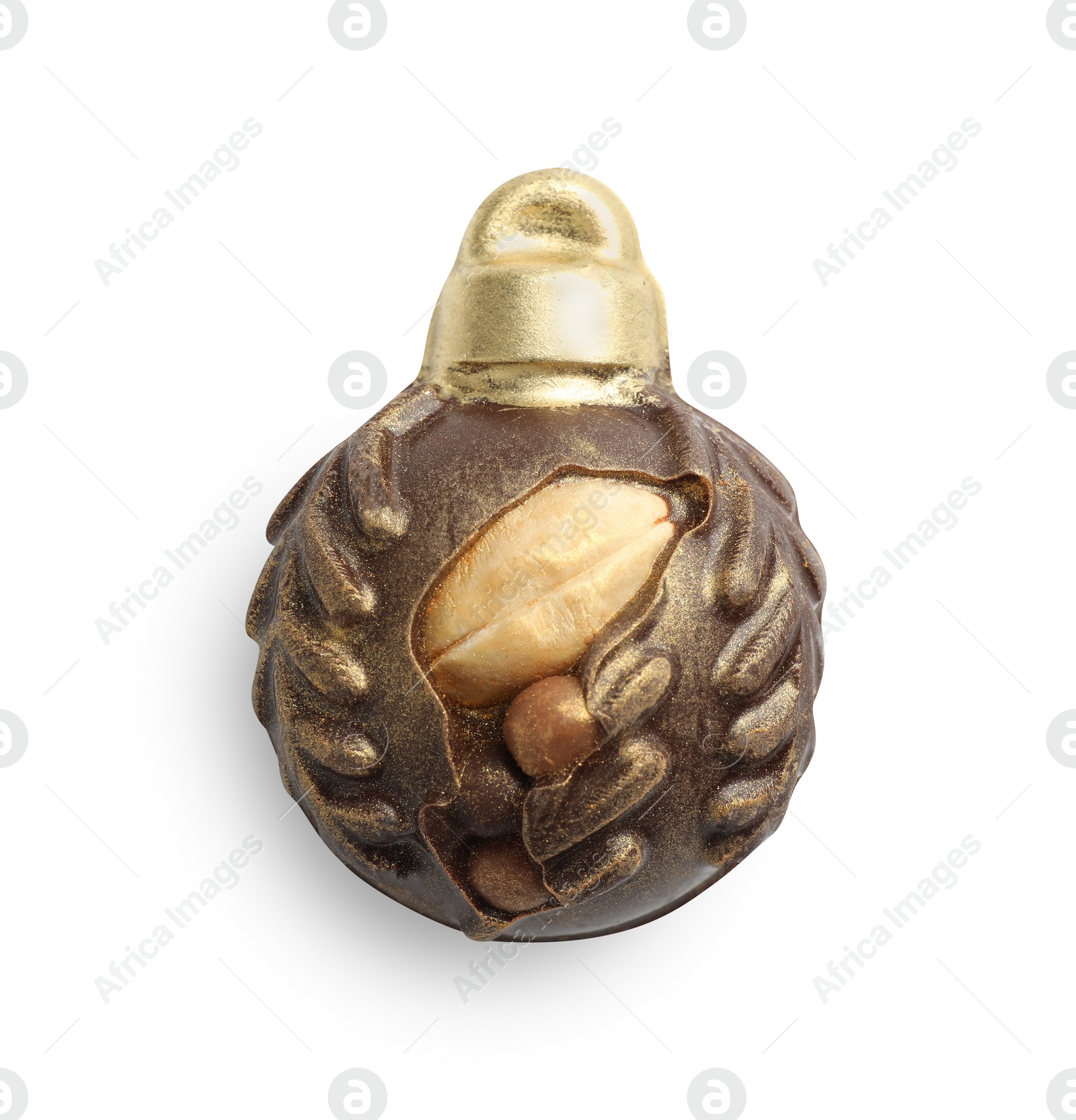 Photo of Delicious chocolate in shape of Christmas bauble isolated on white, top view