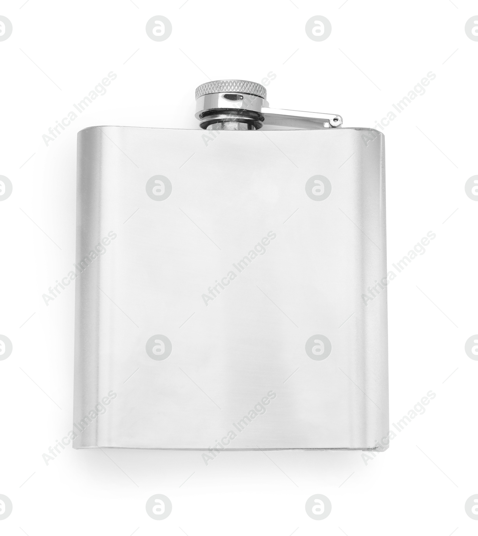 Photo of One metal hip flask isolated on white, top view