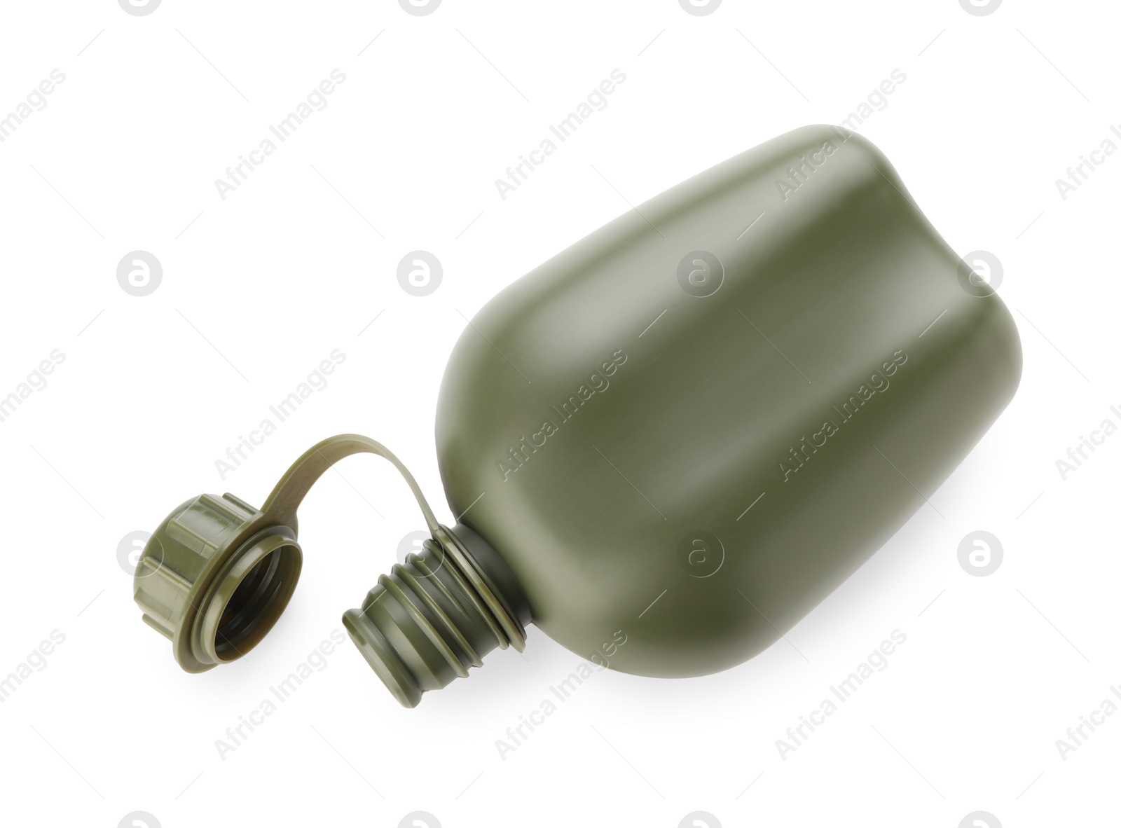 Photo of Green plastic canteen isolated on white, top view