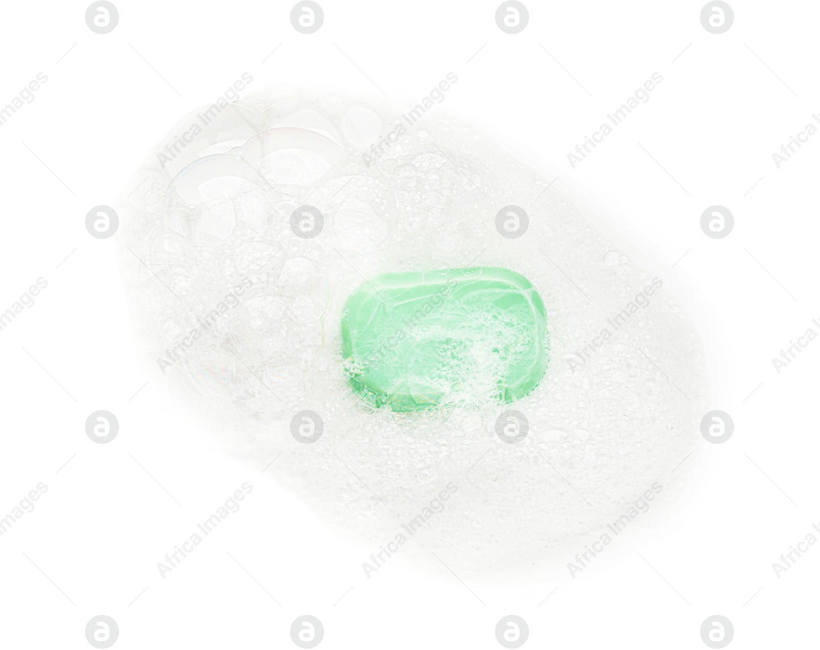 Photo of Green soap with foam on white background, top view