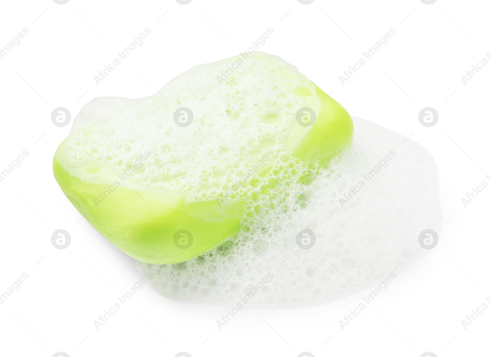 Photo of Green soap with foam on white background