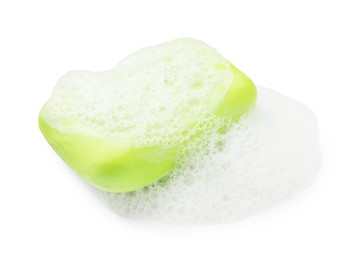 Photo of Green soap with foam on white background