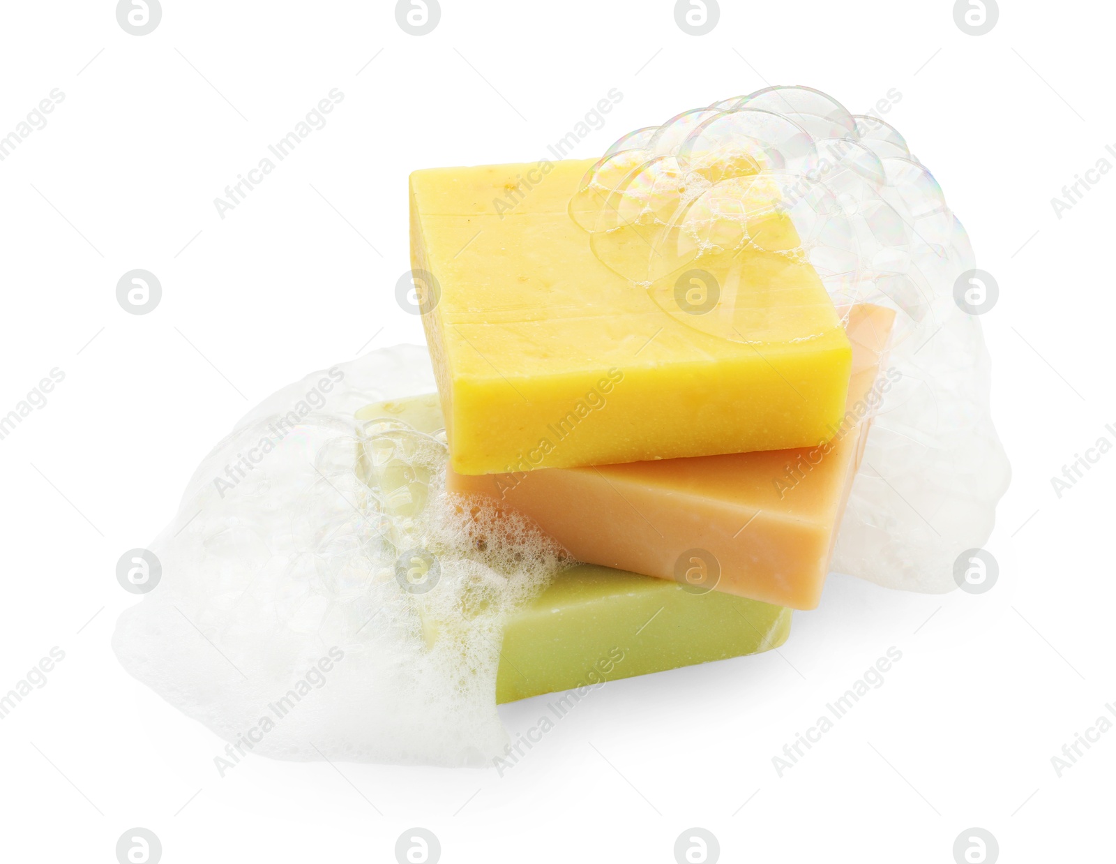 Photo of Stack of soap bars with foam on white background