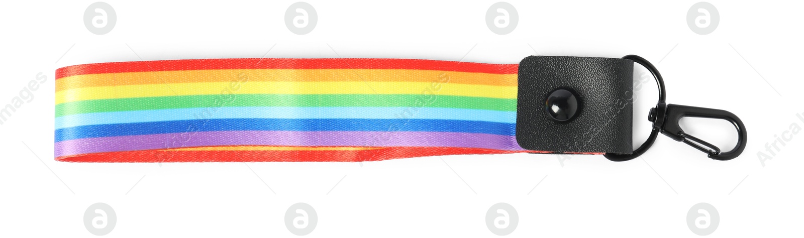 Photo of One keychain in LGBT colors on white background, top view