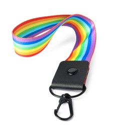 Photo of One keychain in LGBT colors on white background