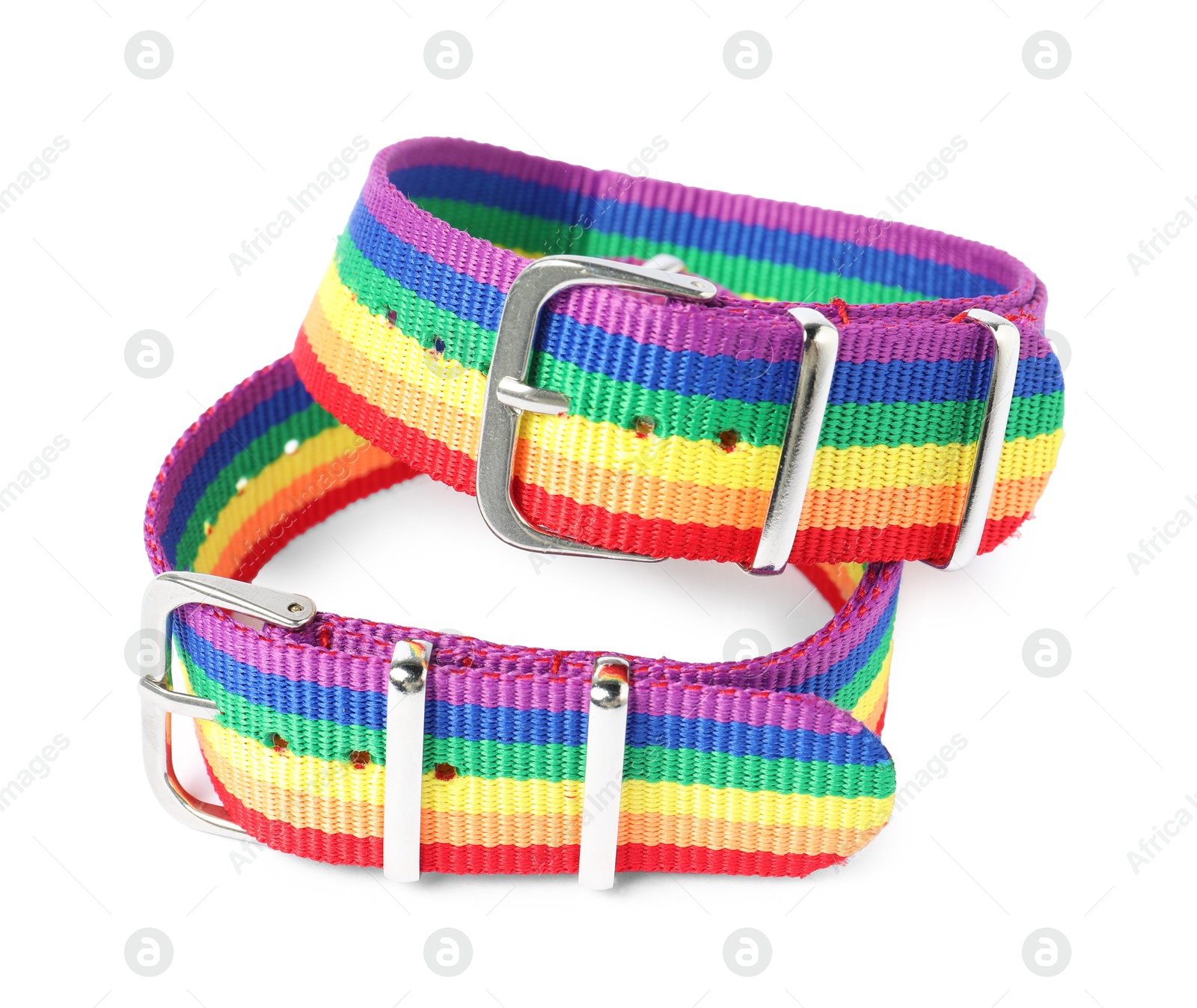 Photo of Two wristbands in LGBT colors on white background