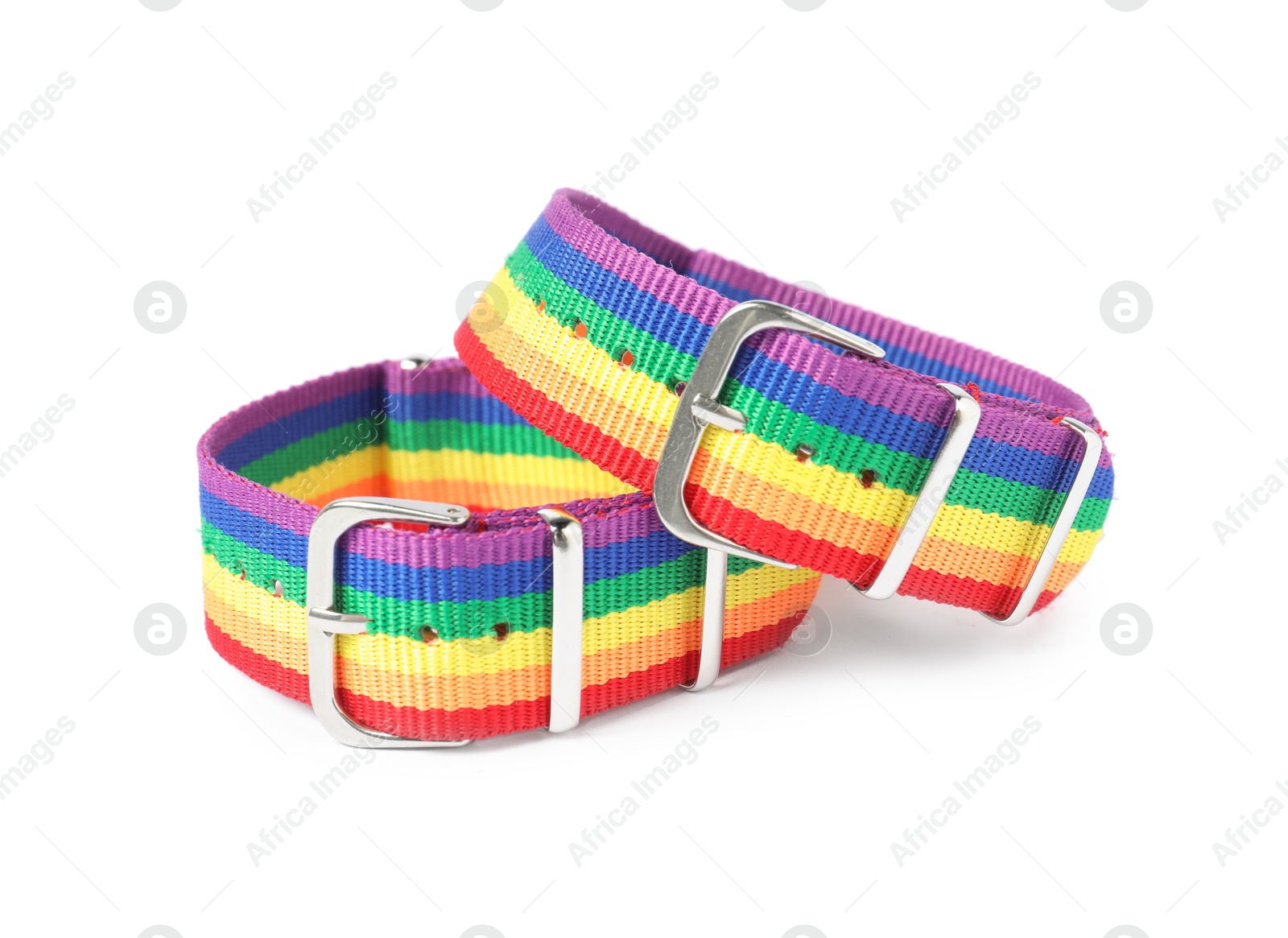 Photo of Two wristbands in LGBT colors on white background