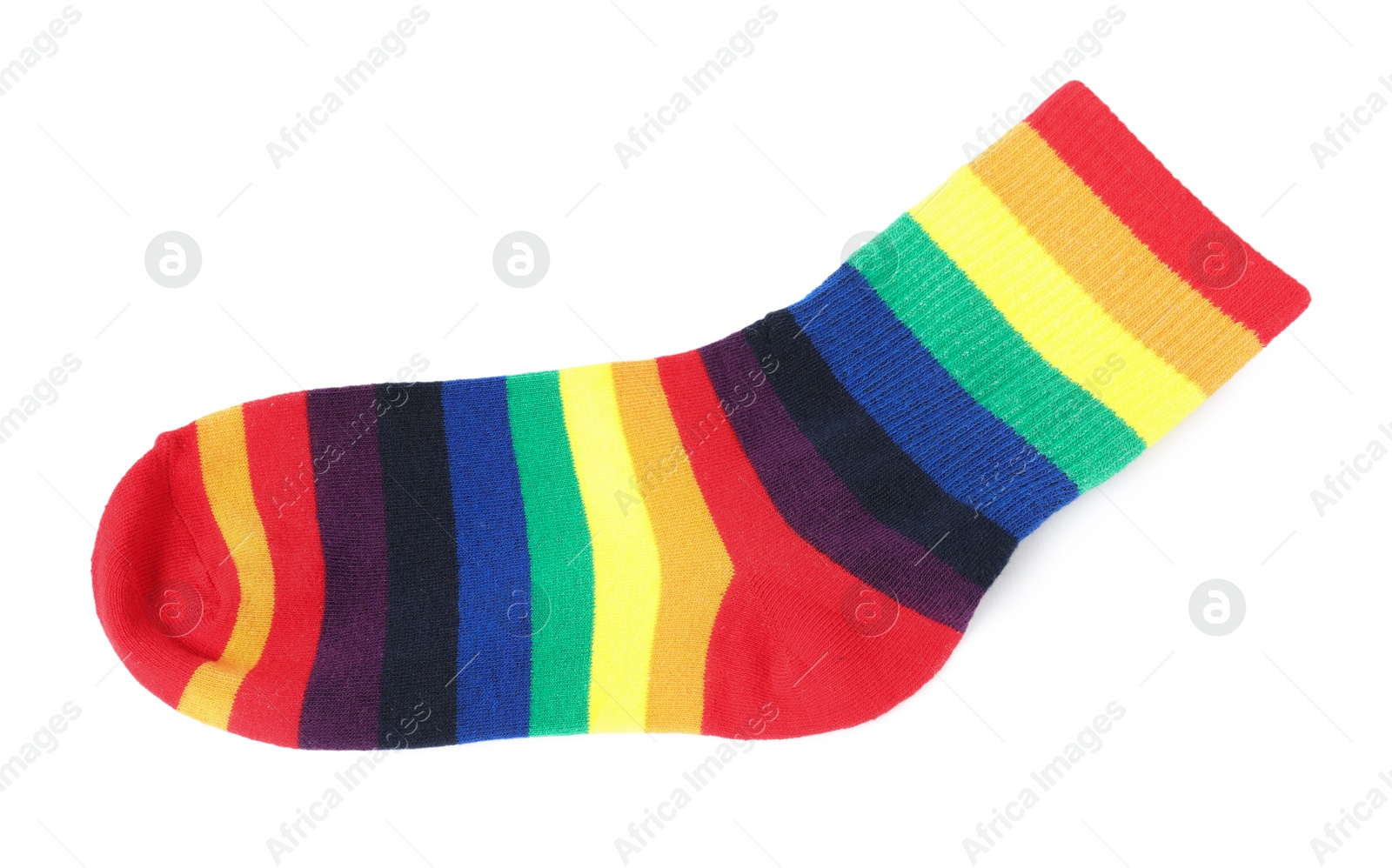 Photo of One sock in LGBT colors on white background, top view