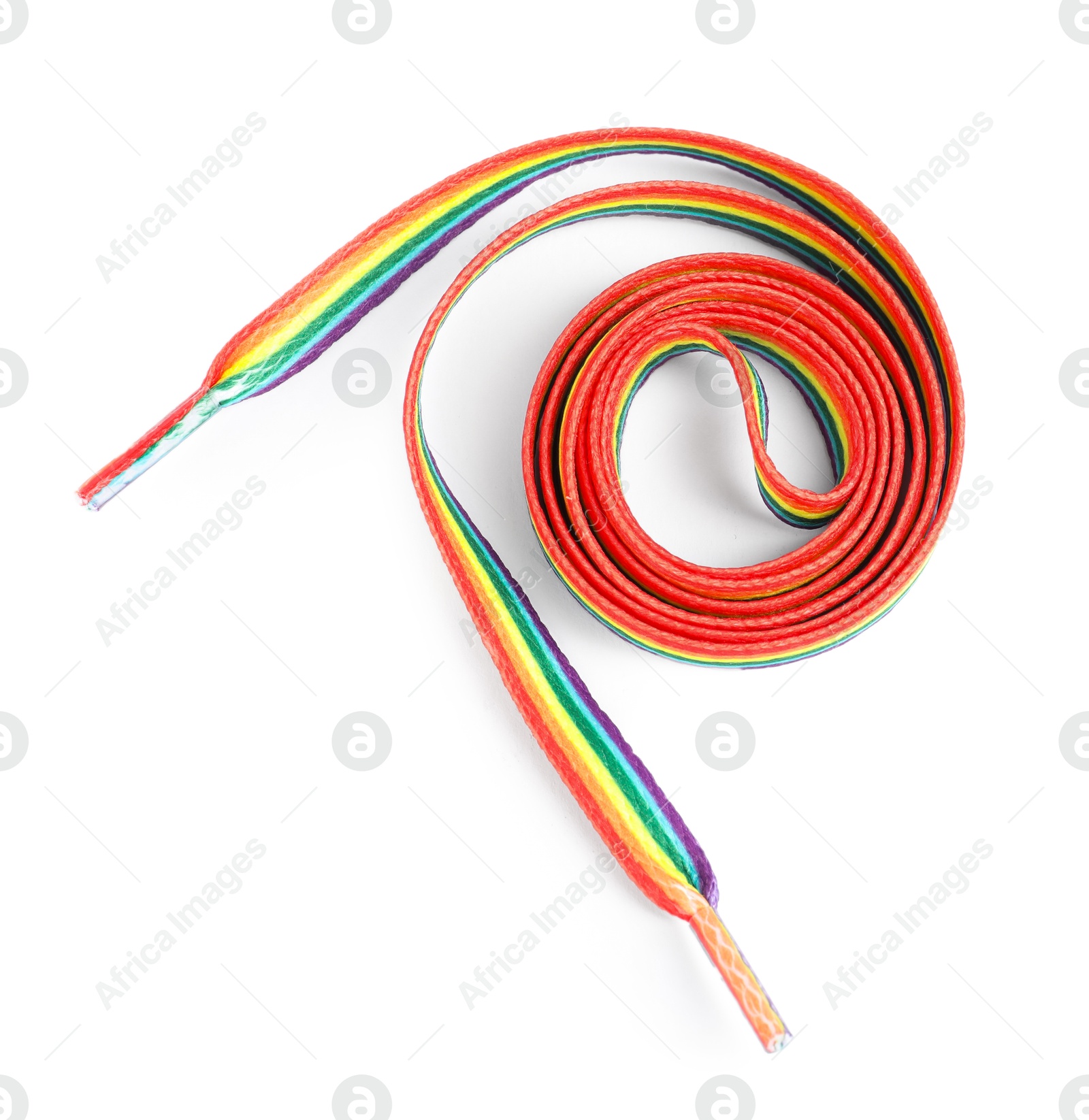 Photo of Shoelace in LGBT colors on white background, top view