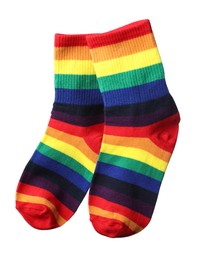 Photo of Pair of socks in LGBT colors on white background