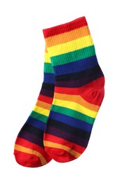 Photo of Pair of socks in LGBT colors on white background