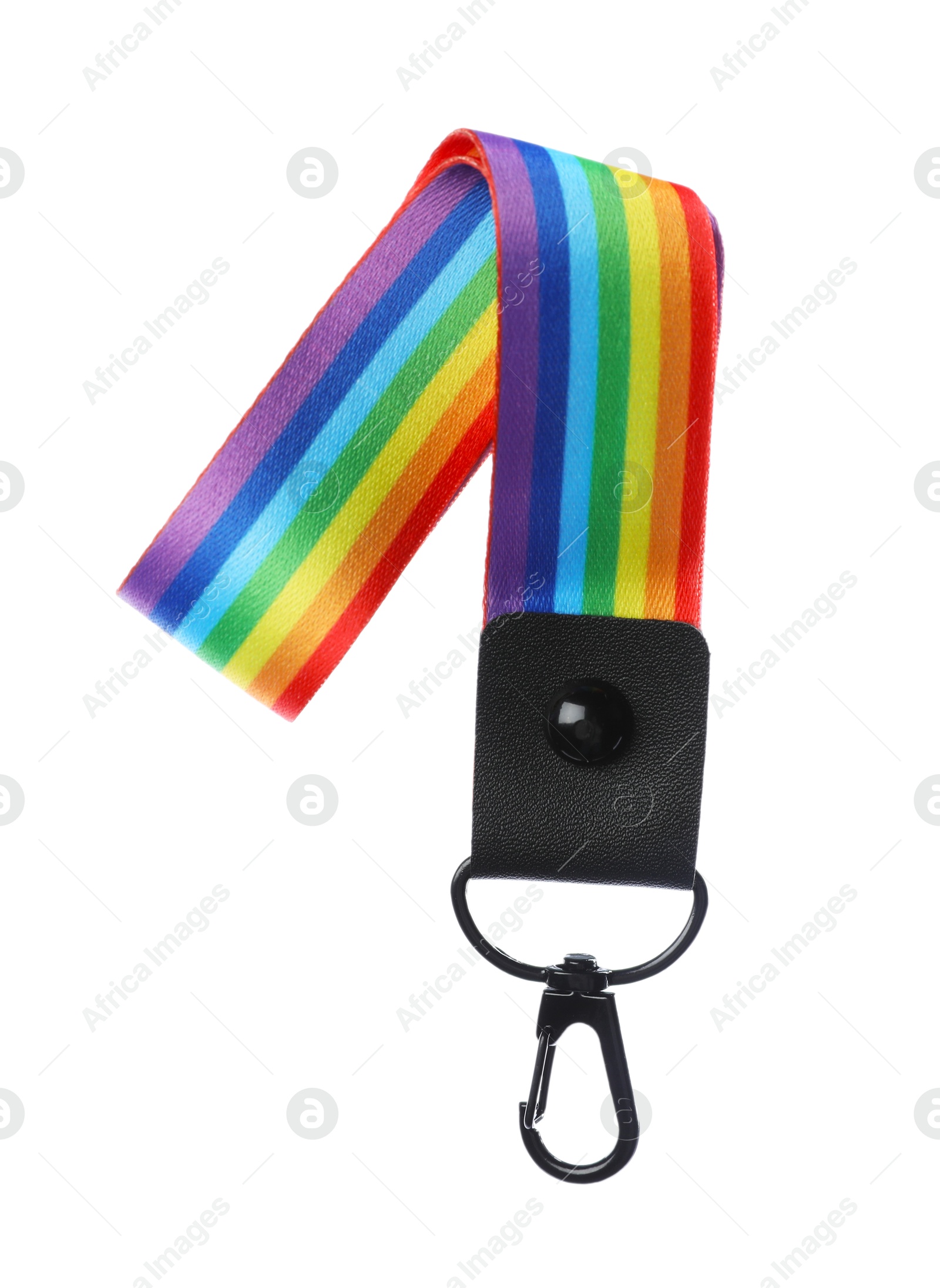 Photo of One keychain in LGBT colors on white background