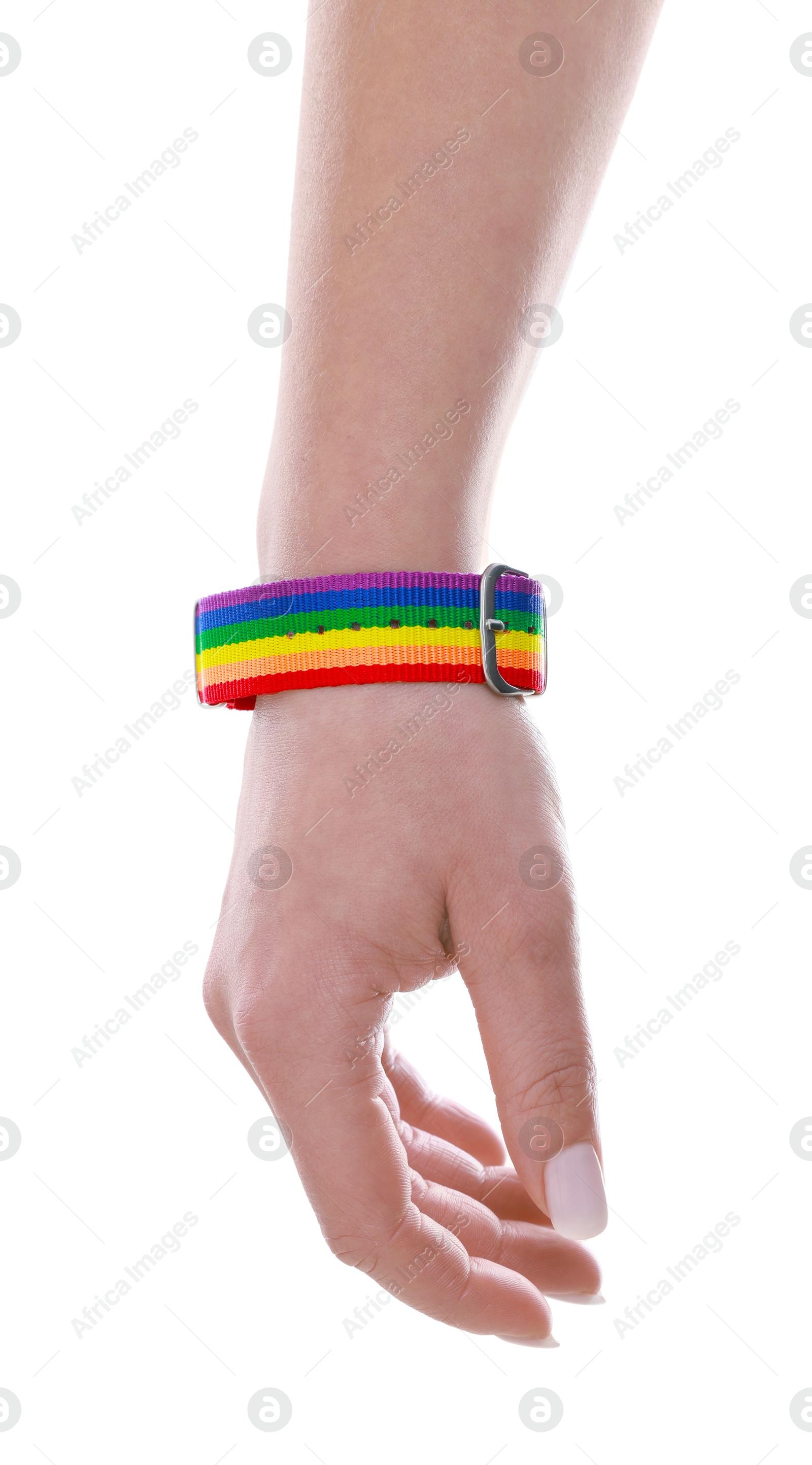 Photo of Woman wearing wristband in LGBT colors on white background, closeup