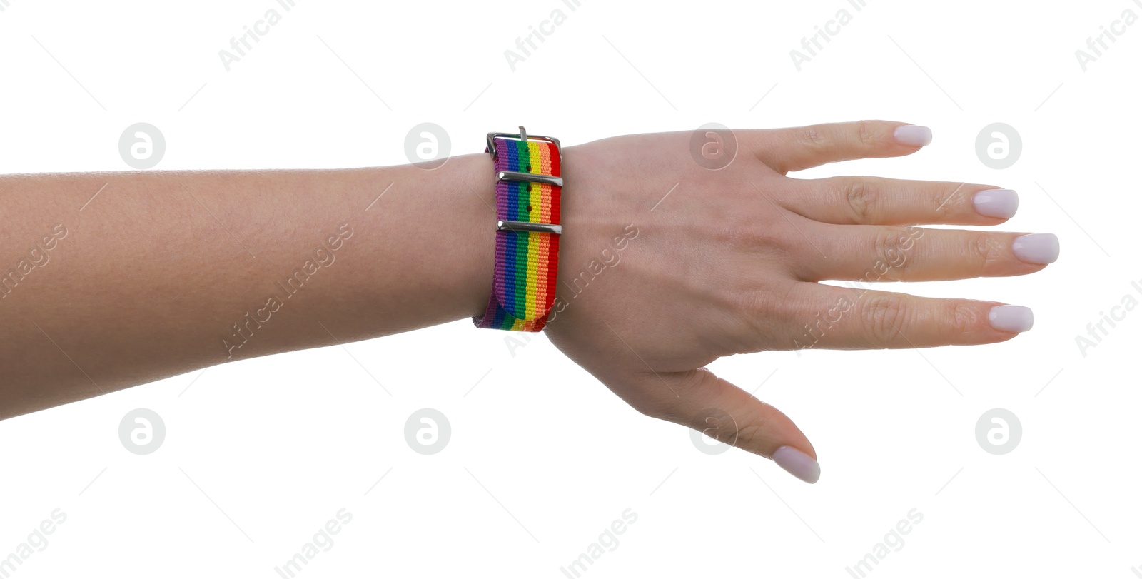 Photo of Woman wearing wristband in LGBT colors on white background, closeup