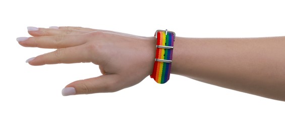 Photo of Woman wearing wristband in LGBT colors on white background, closeup