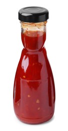 Delicious sauce in glass bottle isolated on white