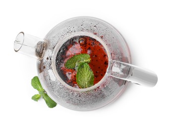 Photo of Tasty mint tea in teapot and fresh leaves isolated on white, top view