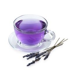 Photo of Aromatic lavender tea in glass cup and dry flowers isolated on white