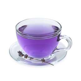 Photo of Aromatic lavender tea in glass cup and dry flowers isolated on white