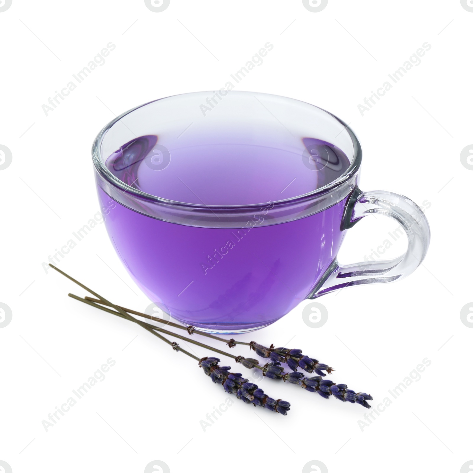 Photo of Aromatic lavender tea in glass cup and dry flowers isolated on white