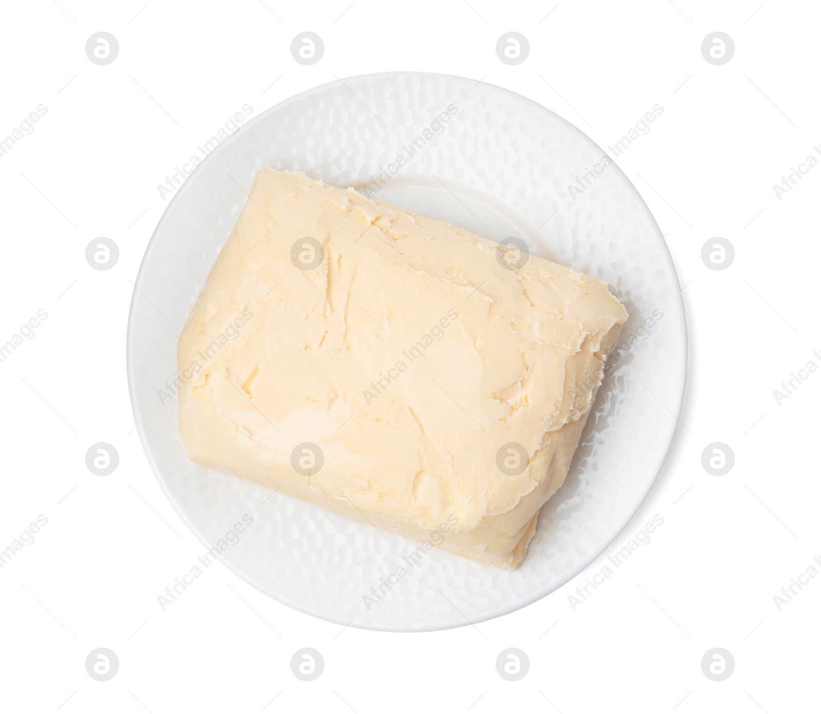 Photo of Block of tasty butter isolated on white, top view