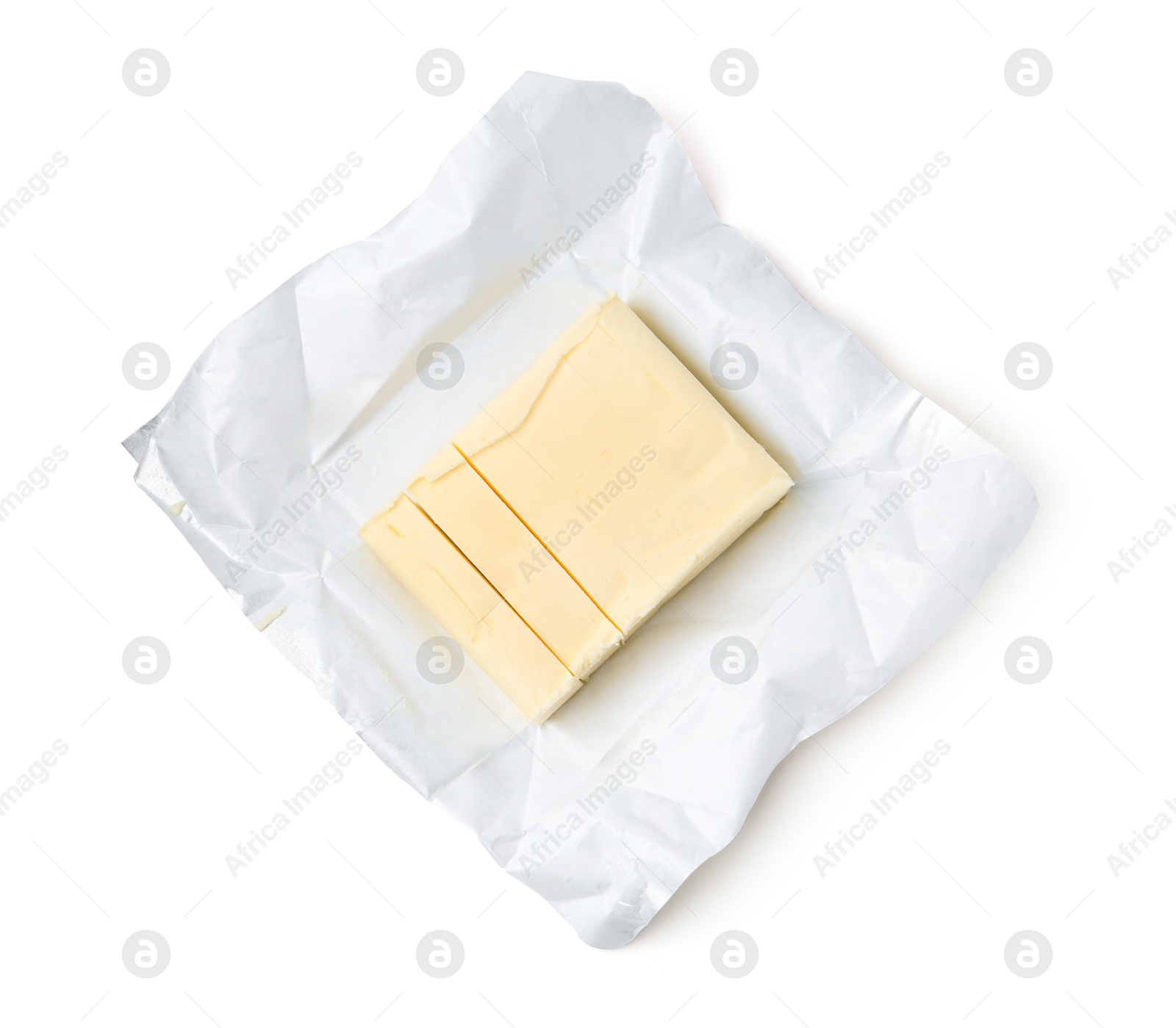 Photo of Cut block of fresh butter isolated on white, top view