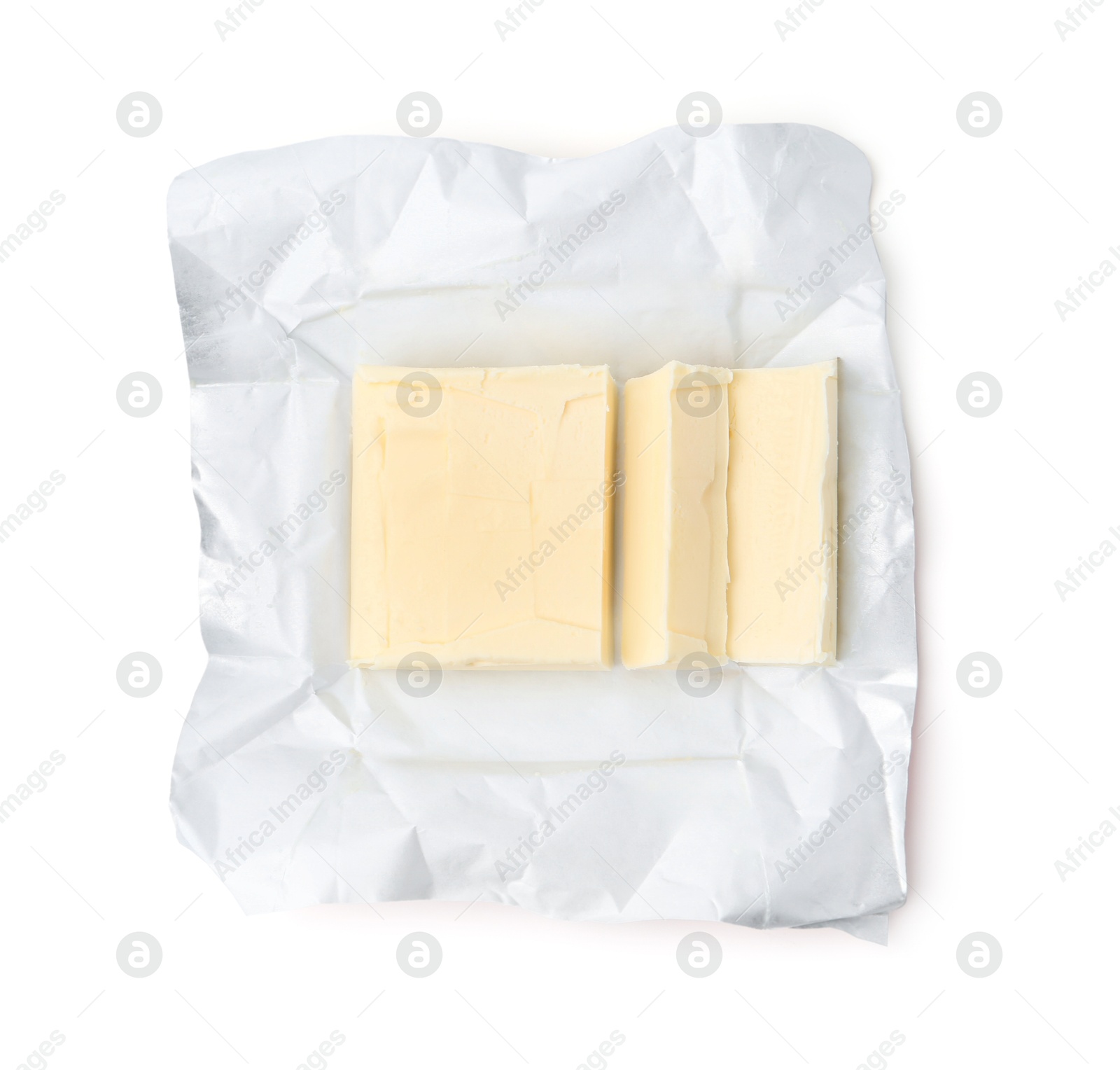 Photo of Cut block of fresh butter isolated on white, top view