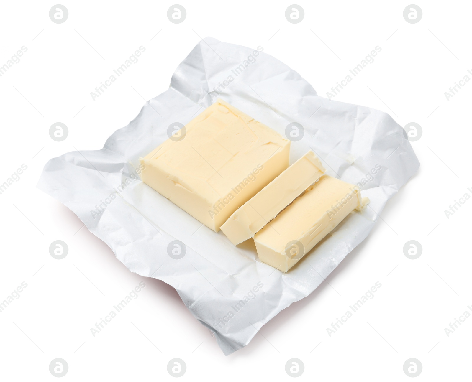 Photo of Cut block of fresh butter isolated on white