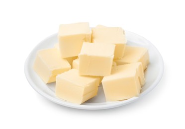 Photo of Pieces of fresh butter isolated on white